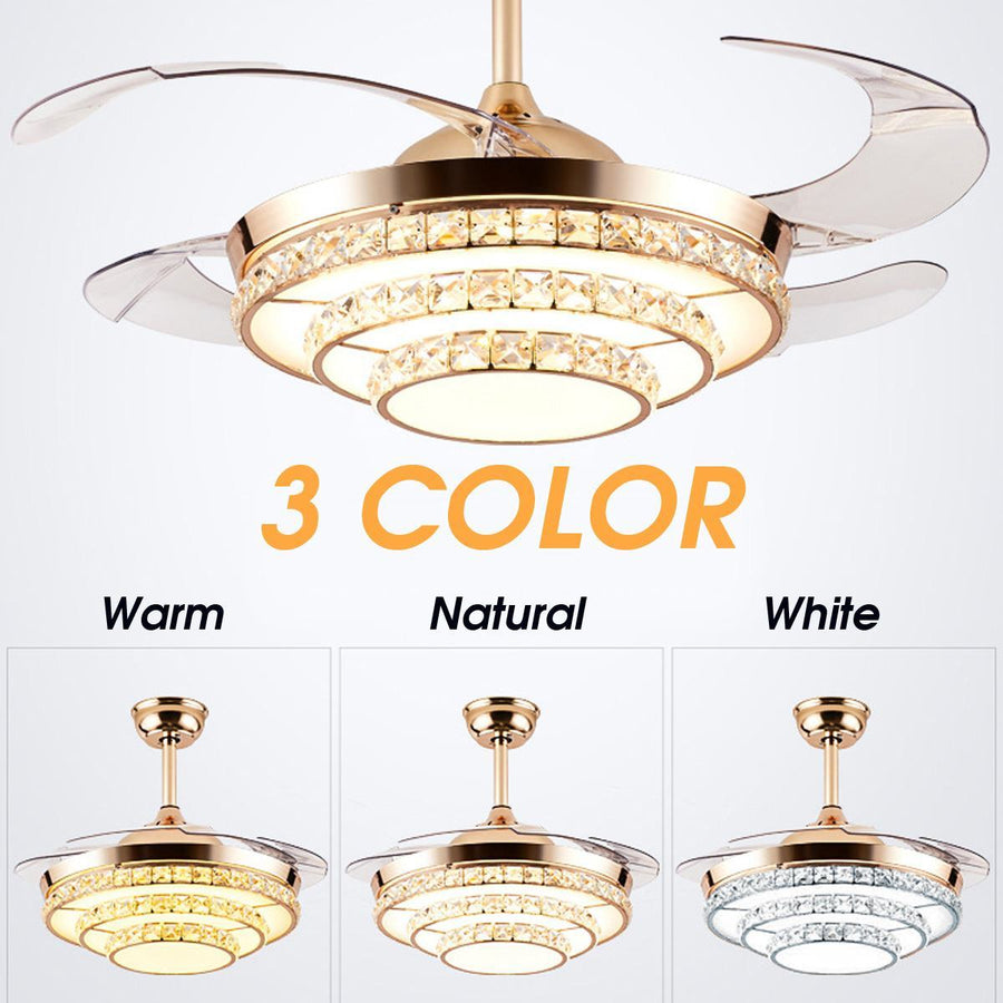 Crystal 220V 65W 42'' Retractable LED Chandelier Ceiling Light 3 Speed Remote Control Blade Fan Lamp