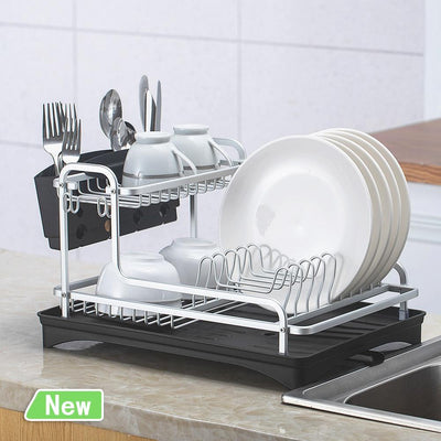 2 Tier Silber Edelstahl Aluminium Dish Rack Drainer Organizer